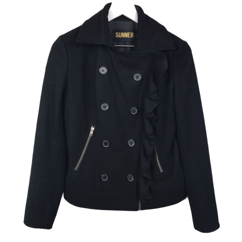 Sunner Wool Ruffle Moto Zip And Button Black Jacket Women Sz S Coat